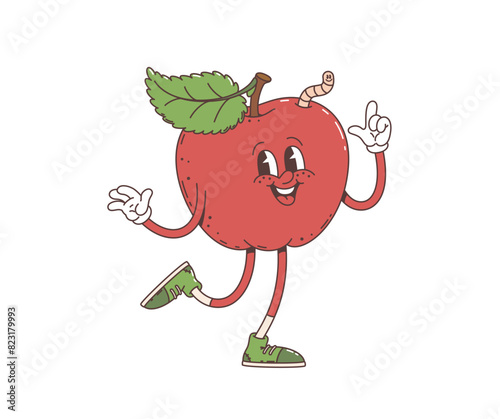 Groovy retro cartoon red apple fruit character, vector funky comic hippie art. 70s groovy cartoon funny apple with worm and happy smile on face, positive emotion and silly emoji in hipster shoes