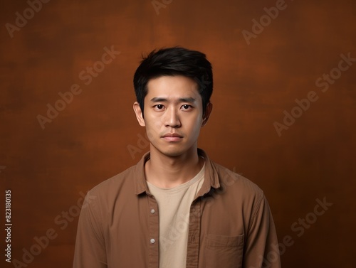 Brown background sad asian man realistic person portrait of young teenage beautiful bad mood expression boy Isolated on Background depression anxiety fear burn out