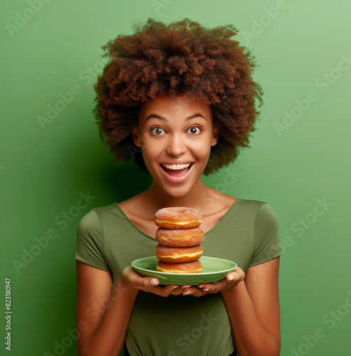 photo of happy african american woman standing and eating donuts, green background photo