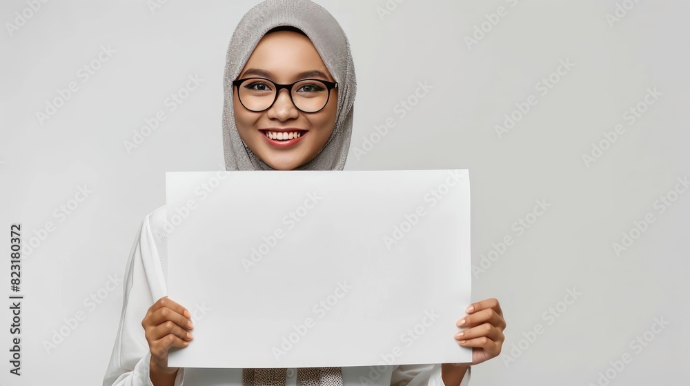 Muslim woman with hijab and glasses carries a blank white poster for copy space text template mock up. Young woman wearing glasses. Isolated on a white background. Muslim woman with hijab and glasses carries a blank white poster for copy space text template mock up. Young woman wearing glasses. Isolated on a white background.