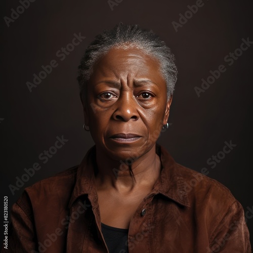 Brown background sad black american independant powerful Woman realistic person portrait of older mid aged person beautiful bad mood expression 