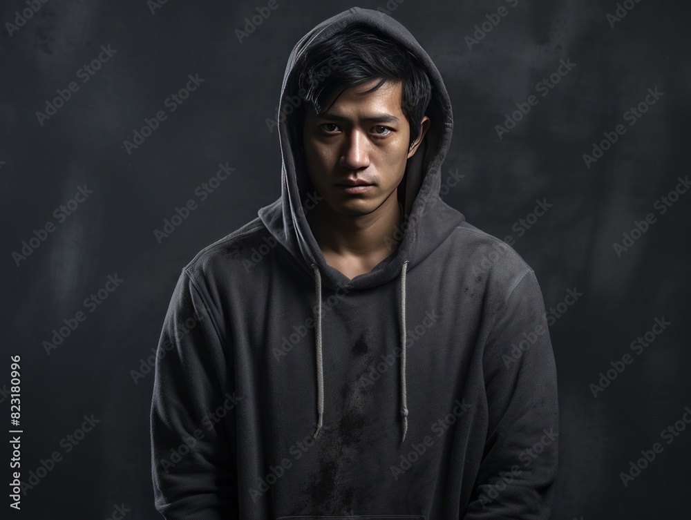 Charcoal background sad asian man realistic person portrait of young teenage beautiful bad mood expression boy Isolated on Background depression anxiety fear