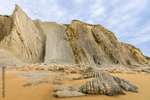 Erosive rock formations, Portio Beach. Costa Quebrada Geopark, Cantabria, Spain. photo