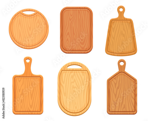 Wooden kitchen chopping boards. Vector set of cutting boards of different shapes and sizes. Made of high-quality wood grain with distinct patterns. Round, rectangular tray, a paddle-shaped utensils