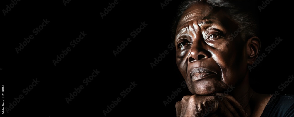 Charcoal background sad black american independant powerful Woman realistic person portrait of older mid aged person beautiful bad mood