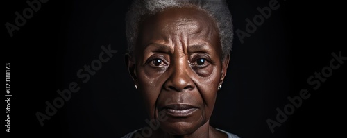 Charcoal background sad black american independant powerful Woman realistic person portrait of older mid aged person beautiful bad mood