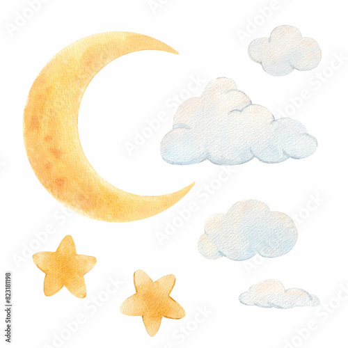 Beautiful childish watercolor hand drawn set with cute moon with clouds and stars. Kid's clipart print. Stock baby illustration.