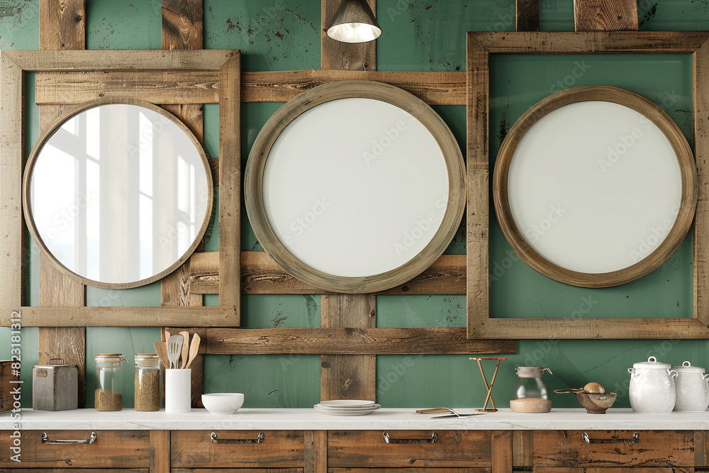 Rustic wood elements in a myrtle green kitchen wall featuring large circular wooden blank frame mockups. Rustic wood elements in a myrtle green kitchen wall featuring large circular wooden blank frame mockups.