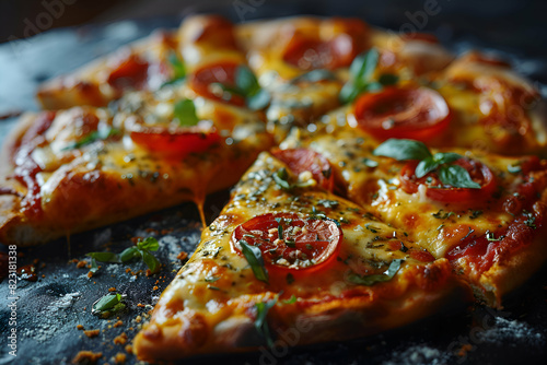 Pizza with mozzarella cheese. tomatoes and basil on a black background