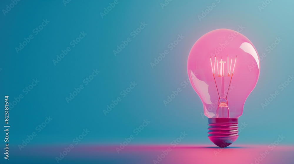 Bulb glows pink against blue backdrop. Picture taken in 3D. Simple still life. Artistic concept. Bulb glows pink against blue backdrop. Picture taken in 3D. Simple still life. Artistic concept.