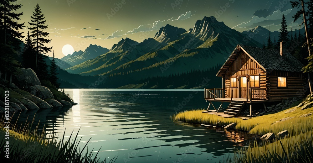 Fototapeta premium cabin house lodge by creek river in woods and mountains under sky and clouds at sunset in summer. home by in nature forest meadow prairie. 