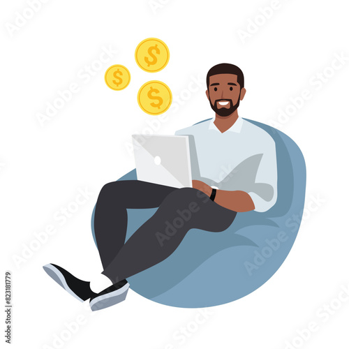 Happy man working on a laptop computer while sitting in a bean bag. Flat vector illustration isolated on white background