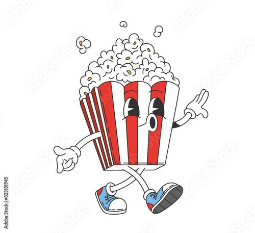 Movie groovy popcorn bucket character with a lively face expression. Isolated cartoon vector pop corn box personage, decorated in classic red and white stripes, wearing retro with sneakers and gloves