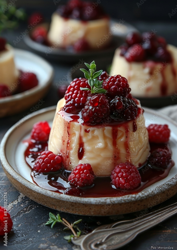 Rote Grütze - Red berry pudding topped with vanilla sauce. Rote Grütze - Red berry pudding topped with vanilla sauce.