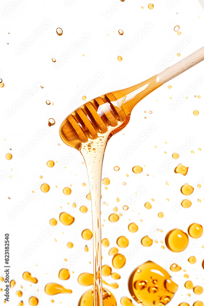 Wooden dipper stick dripping with honey top view isolated on white background