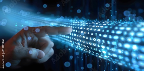 Hand touching blue glowing binary code flowing from left to right, data flow, artificial intelligence and technology concept
