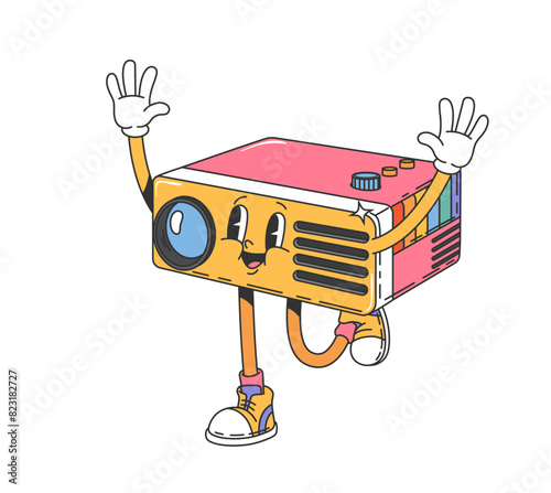 Groovy film projector character in retro cartoon funky comic, vector happy personage. Funny filmstrip projector as 70s hippie comic character or retro emoji emoticon happy smiling in hipster shoes © Buch&Bee