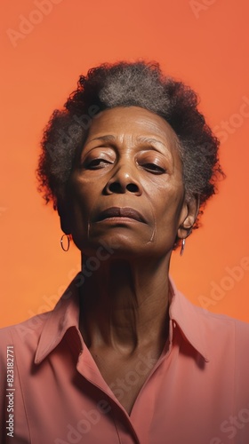 Coral background sad black american independant powerful Woman realistic person portrait of older mid aged person beautiful bad mood expression Isolated on Background racism