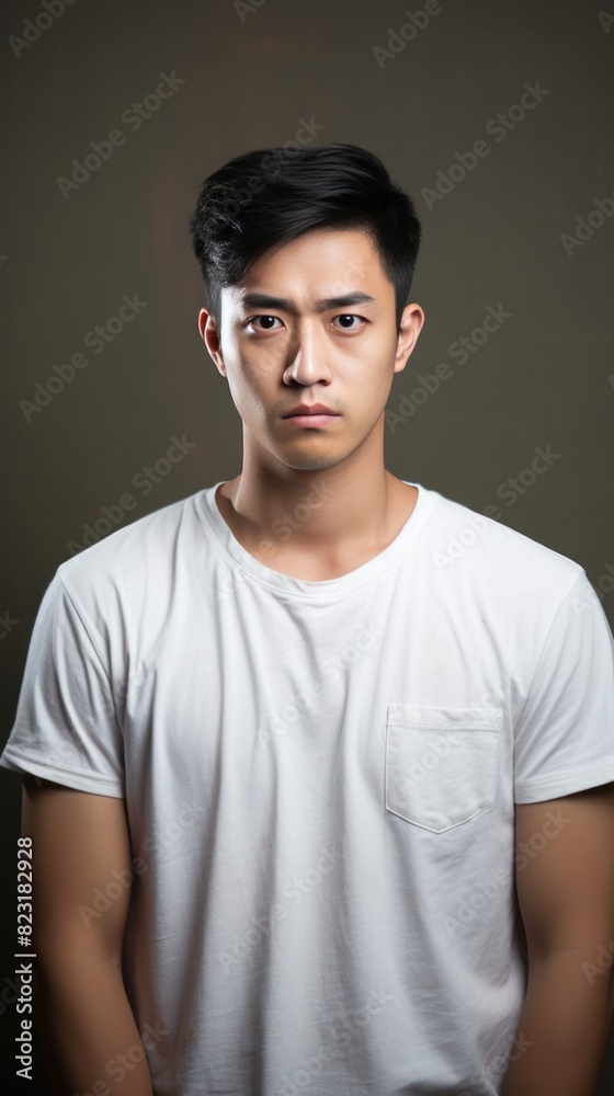 Cream background sad asian man realistic person portrait of young teenage beautiful bad mood expression boy Isolated on Background depression anxiety fear burn out health