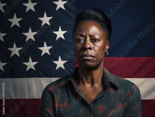 Cream background sad black american independant powerful Woman realistic person portrait of older mid aged person beautiful bad mood expression Isolated on Background racism 