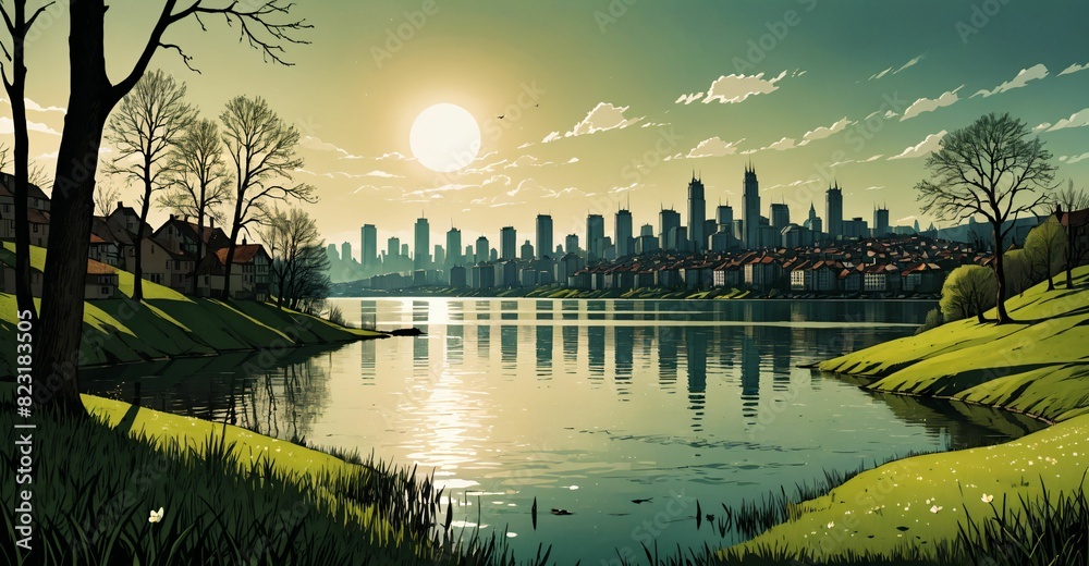 Naklejka premium city buildings on the lake river pond under sky and clouds in summer. town park by the ocean water. homes on the canal shore .