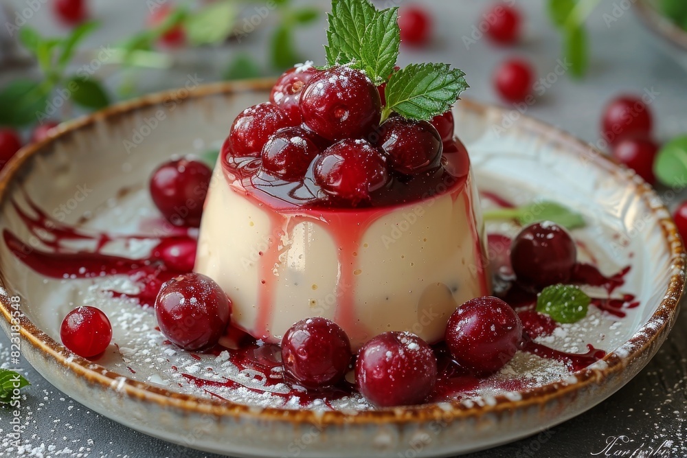 Rote Grütze - Red berry pudding topped with vanilla sauce. Rote Grütze - Red berry pudding topped with vanilla sauce.