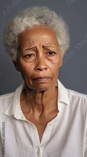 Cream background sad black american independant powerful Woman realistic person portrait of older mid aged person beautiful bad mood expression Isolated on Background racism 