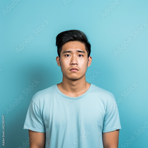 Cyan background sad asian man realistic person portrait of young teenage beautiful bad mood expression boy Isolated on Background depression anxiety fear burn out health