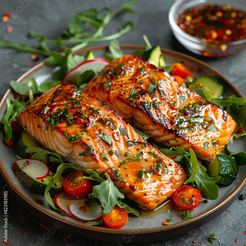 Grilled salmon steak and vegetable salad on plate. Made with generative ai.