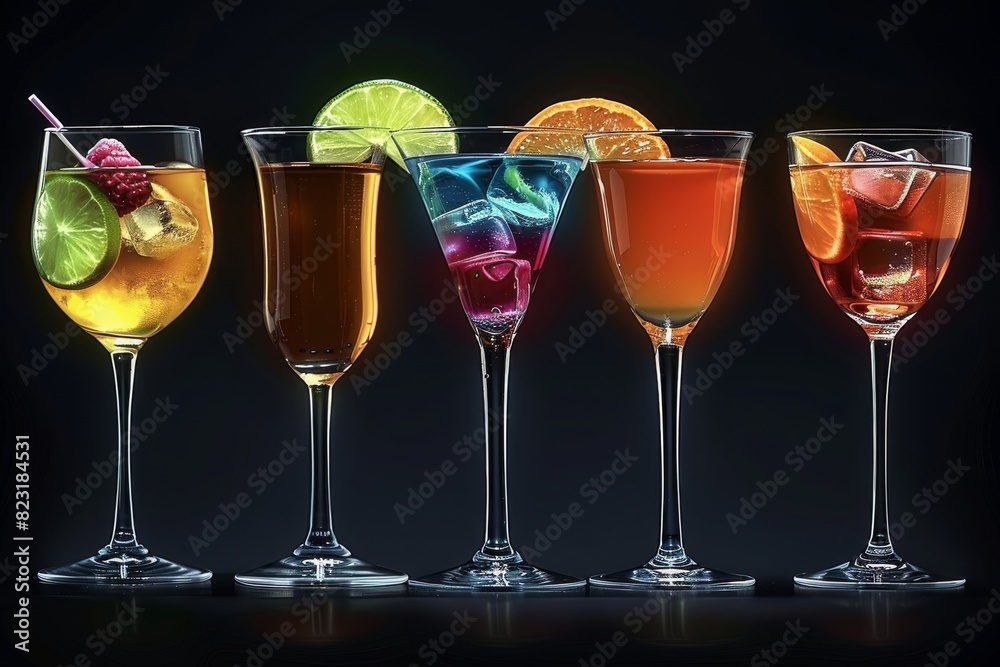 Five different cocktail glasses with different colored liquids, black background. Generative AI. Five different cocktail glasses with different colored liquids, black background. Generative AI.
