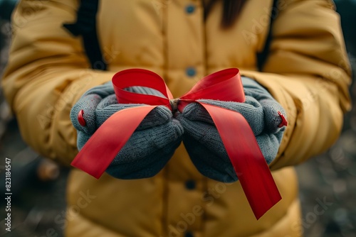 Person in yellow jacket and gloves holding red ribbon photo