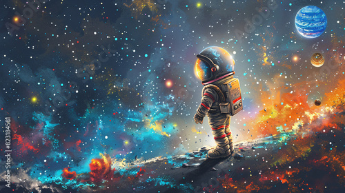 Cute illustration of a child astronaut holding a star in outer space © wasan