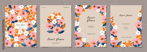 Floral template set for poster, card, cover, label, banner, background in modern minimalist style and simple summer design templates with flowers and plants.