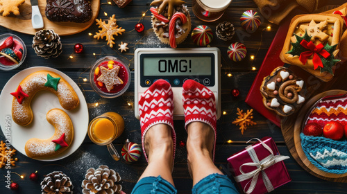 Holiday feasts can lead to weight gain, as shown by the digital scale reading with a woman's feet and the exclamation 