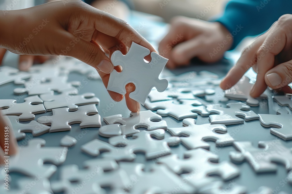 Someone placing puzzle piece hands Someone placing puzzle piece hands
