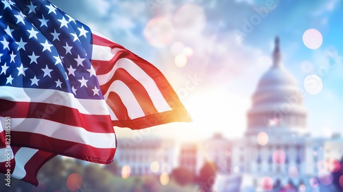 USA flag with government building background photo