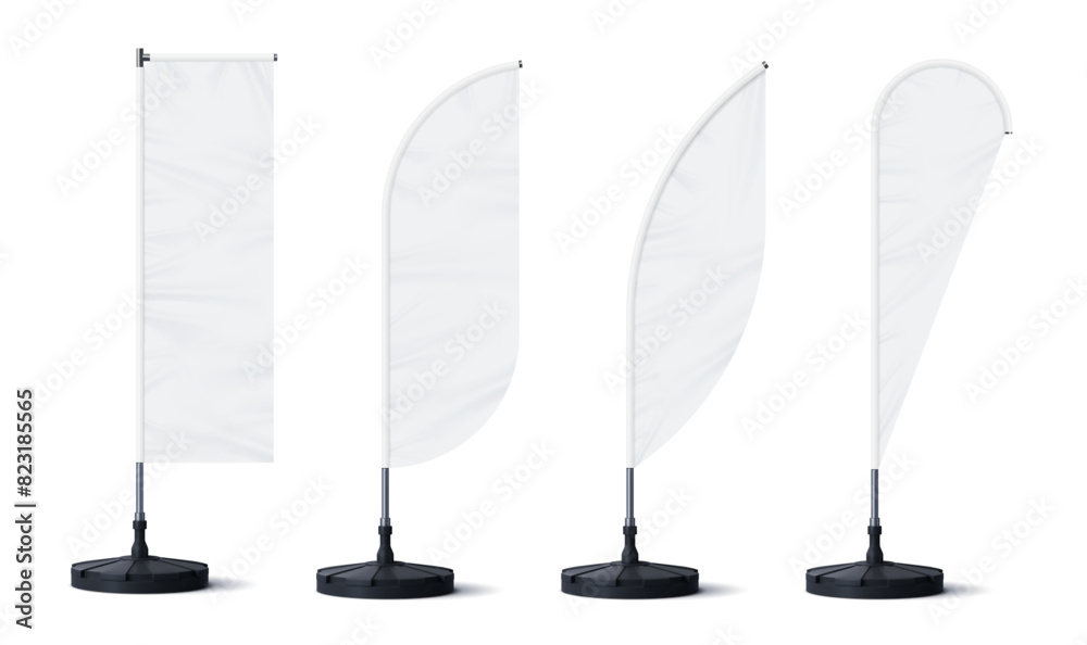Realistic banner stand and beach flags for outdoor advertising, vector ...