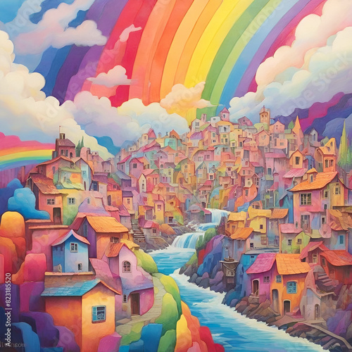 A colorful village with a rainbow and a rainbow painting. © MD NAZMUL HASAN