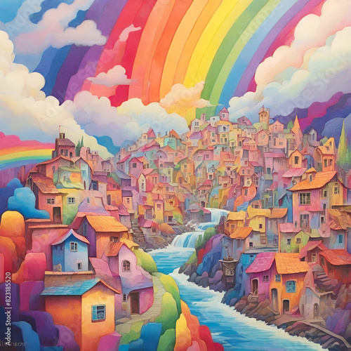 A colorful village with a rainbow and a rainbow painting.