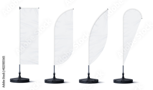 Realistic banner stand and beach flags for outdoor advertising, vector blank mockups. Beach flag banners, feather, bow or teardrop and rectangle shape stands on poles for ad promotion display