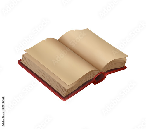 Game book, mystical open book with blank parchment pages, evoking a sense of magic and ancient wisdom. Antique tome with red cover, inviting readers to conjure spells and embark on fantastic stories