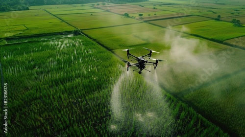 Aerial perspective of a drone in mid-air  releasing rice seeds over flooded paddies with a vibrant green backdrop.
