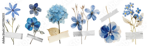 Real pressed blue flowers with paper tape png element set on transparent background #823186333