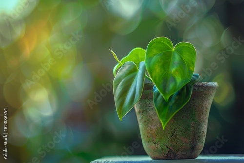 Heart-leaf Philodendron (Philodendron hederaceum)in Flowerpot Closeup, Philodendron Macro House Plant photo