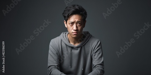 Gray background sad asian man realistic person portrait of young teenage beautiful bad mood expression boy Isolated on Background depression anxiety fear burn out health issue photo