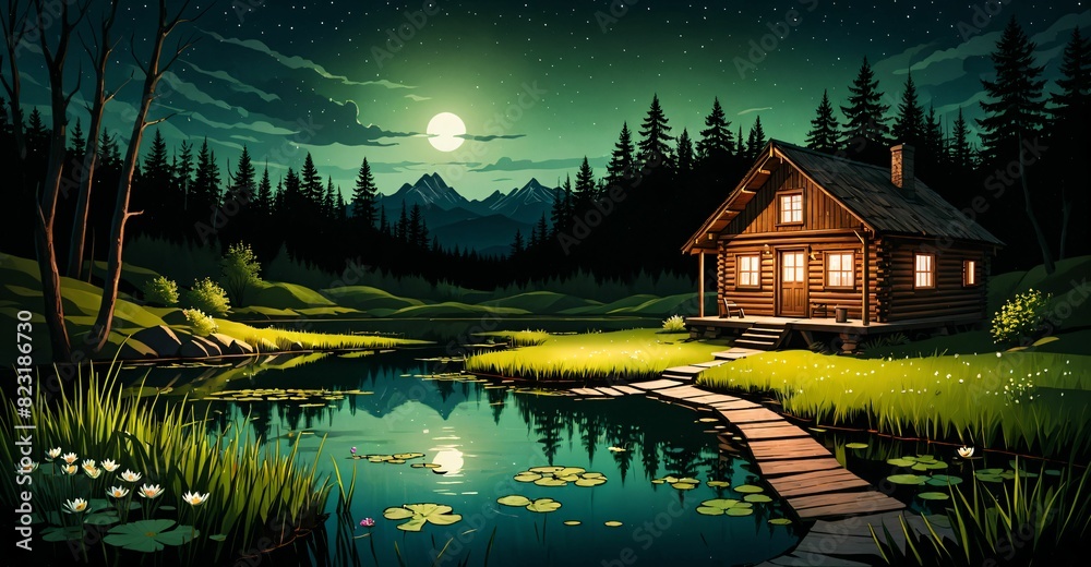 Fototapeta premium log cabin lodge by river lake in open field of grass in summer at night under clouds and moon. large green countryside meadow with pond and pasture with house and mountain range.