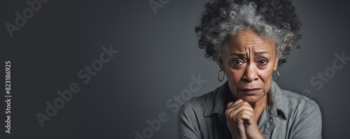 Gray background sad black american independant powerful Woman realistic person portrait of older mid aged person beautiful bad mood expression Isolated on Background racism skin  photo