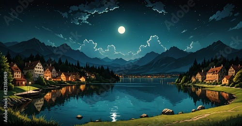 town homes on river lake water with lily pads and mountains under night sky and moon. village houses on the pond in the forest nature. © Shane Sparrow