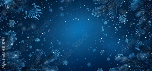 Dark Blue Background with Snowflakes and Pine Branches © MD