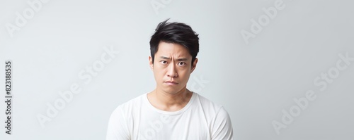 Ivory background sad asian man realistic person portrait of young teenage beautiful bad mood expression boy Isolated on Background depression anxiety fear burn out health photo